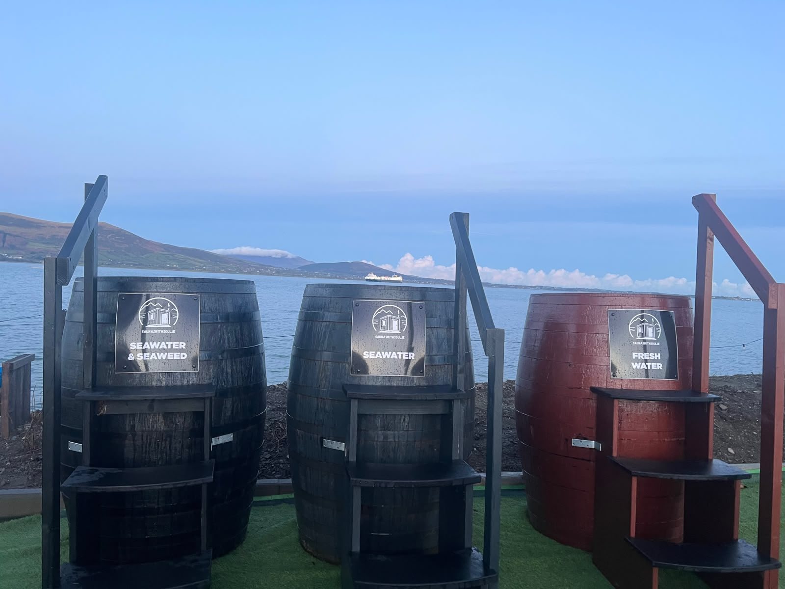 Three whiskey barrel plunges at the Folklore Park looking out over Carlingford Lough